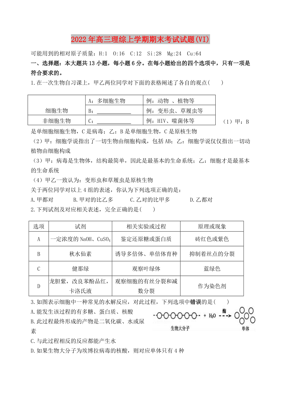 2022年高三理综上学期期末考试试题(VI)_第1页