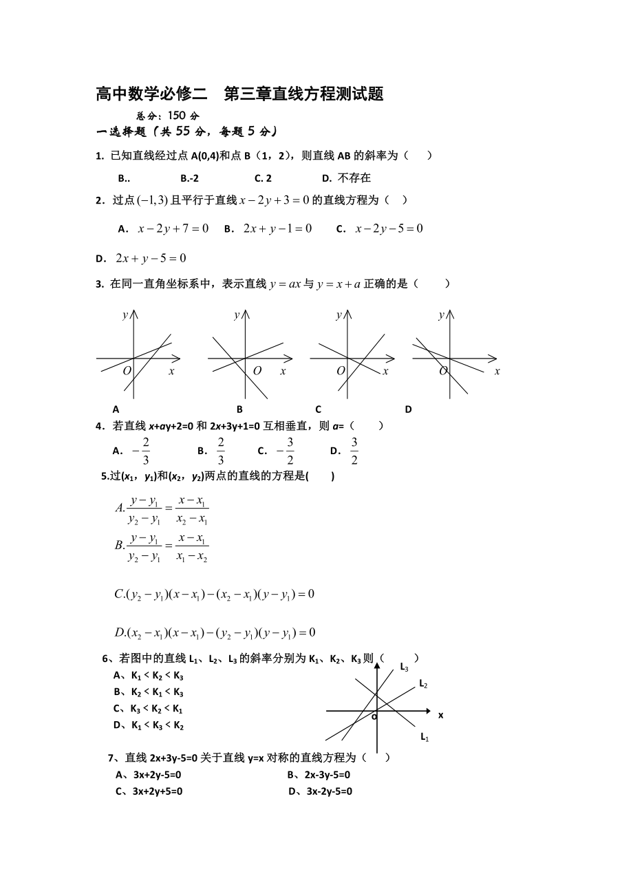 高中數(shù)學(xué)必修二直線與方程及圓與方程測試題【含答案】_第1頁