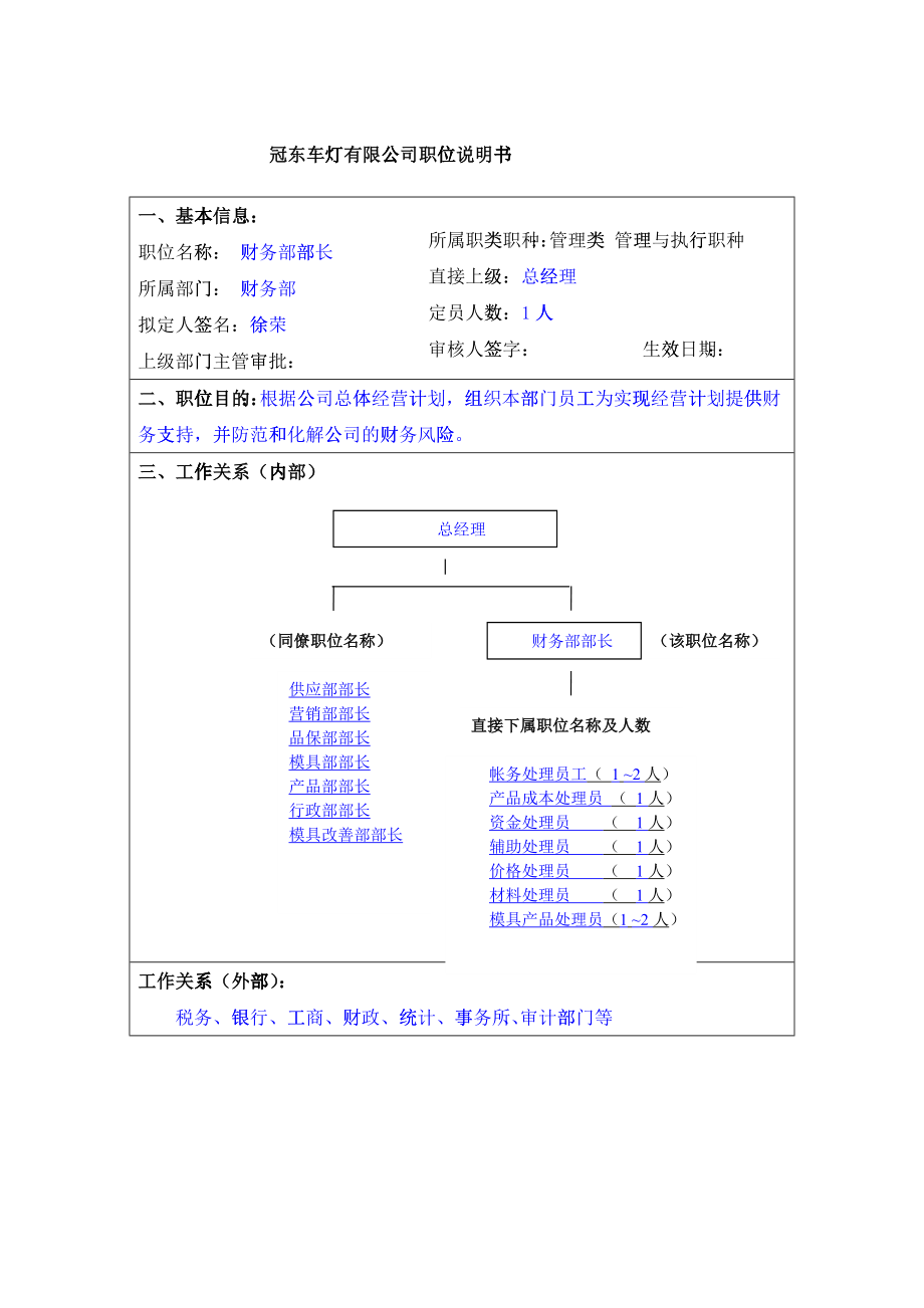 冠东车灯公司财务部部长职位说明书_第1页