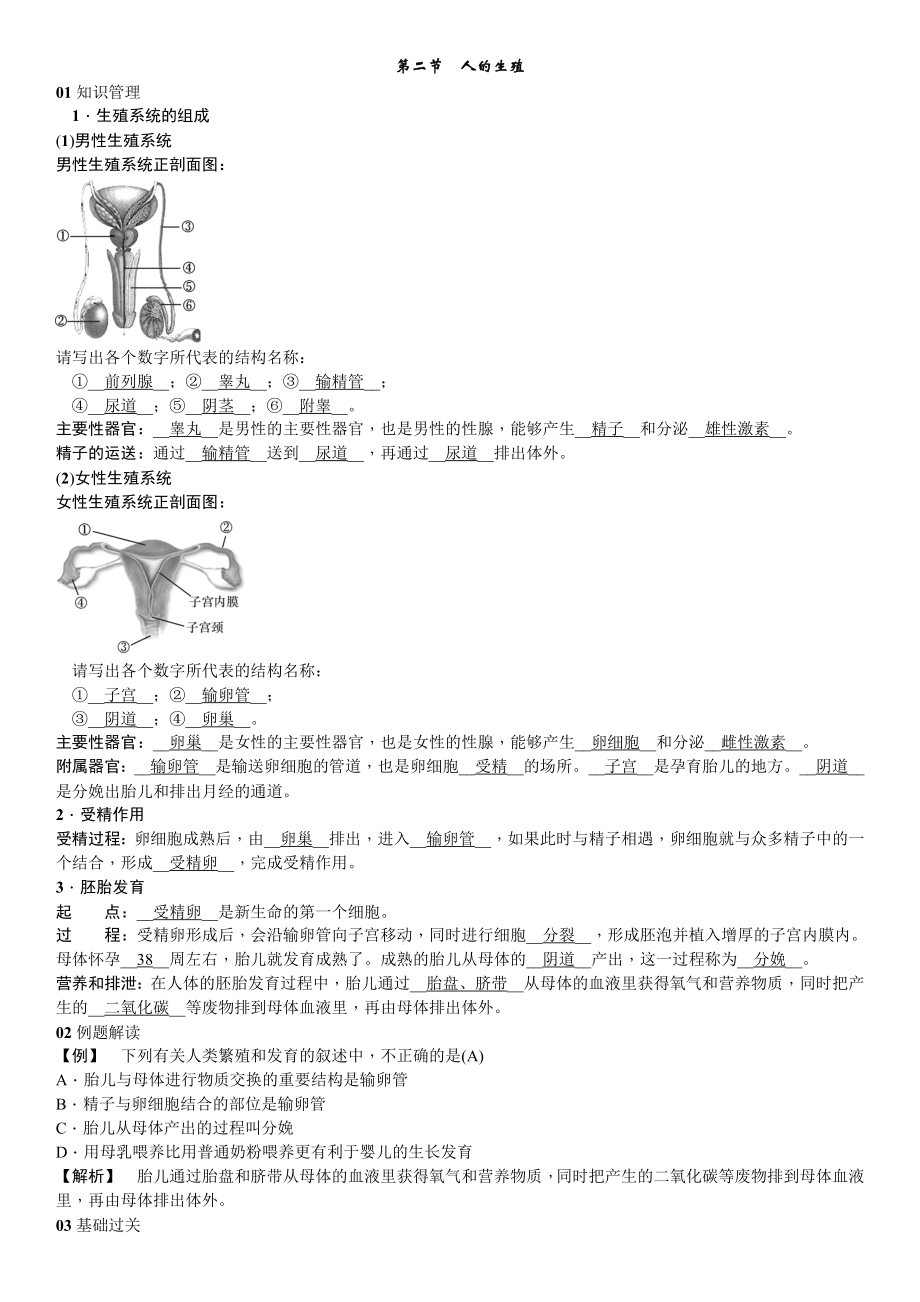 人教版生物七年級下冊 第一章　人的由來 第二節(jié)　人的生殖 同步練習(xí)（word版含答案）（教師版）_第1頁