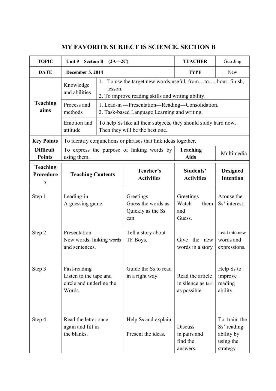 人教版英語七年級上冊Unit 9 My favorite subject is science. Section B（2a-2c）教案 （表格式）_第1頁