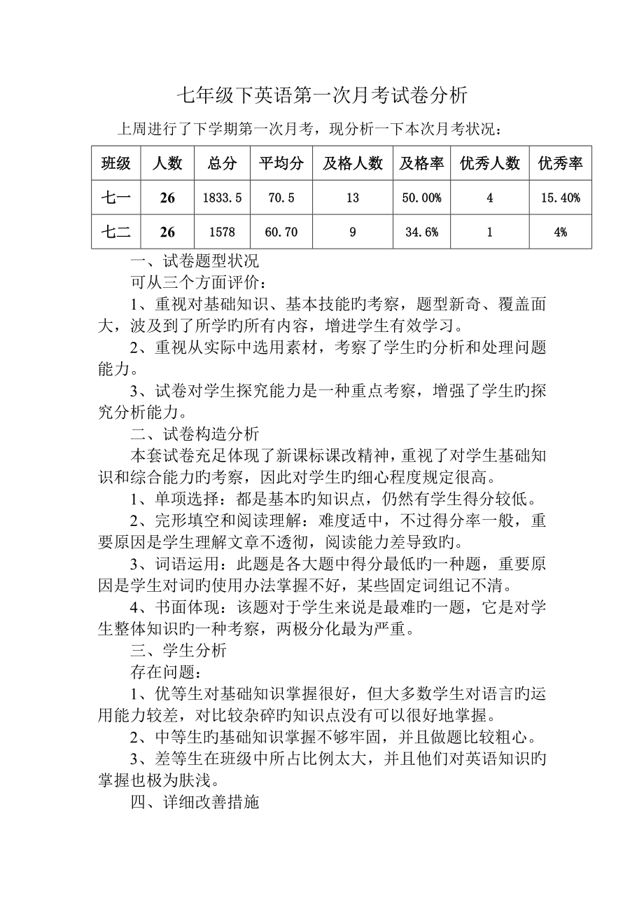 七年级下英语第一次月考试卷分析刘东莉_第1页