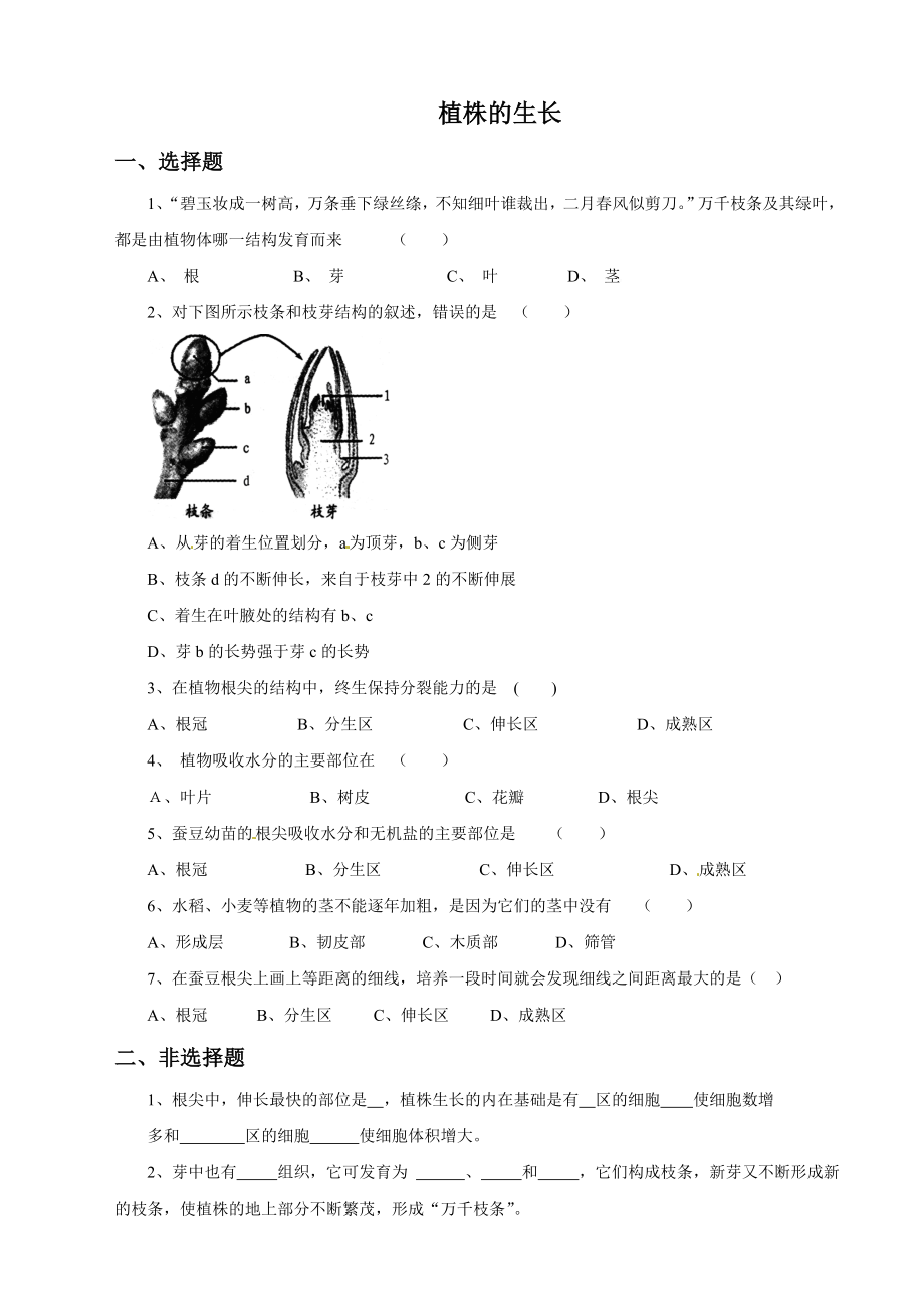 人教版生物七年級上冊 3.2.2《植株的生長》習題（word版含答案）_第1頁