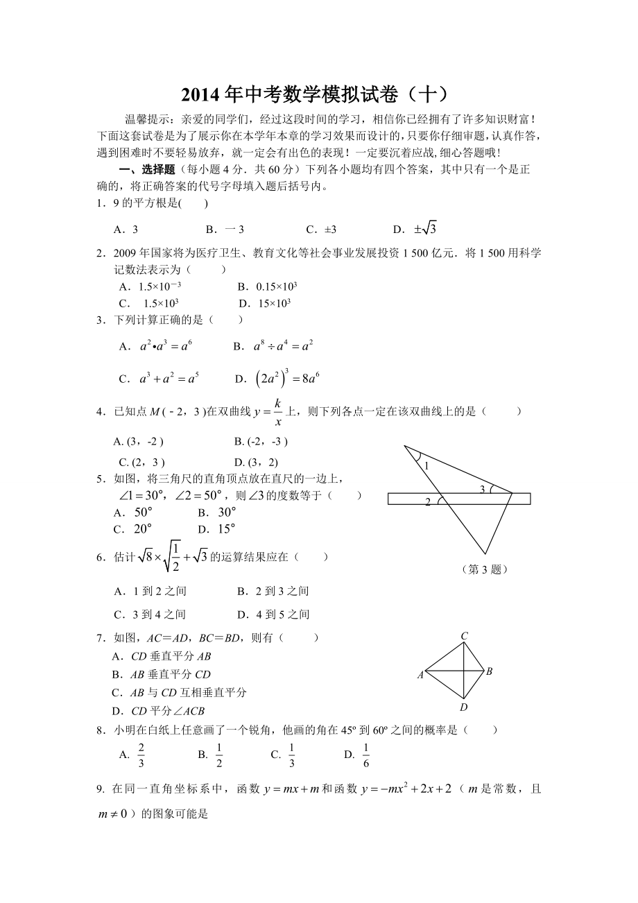 2014年中考数学模拟试卷（十）_第1页