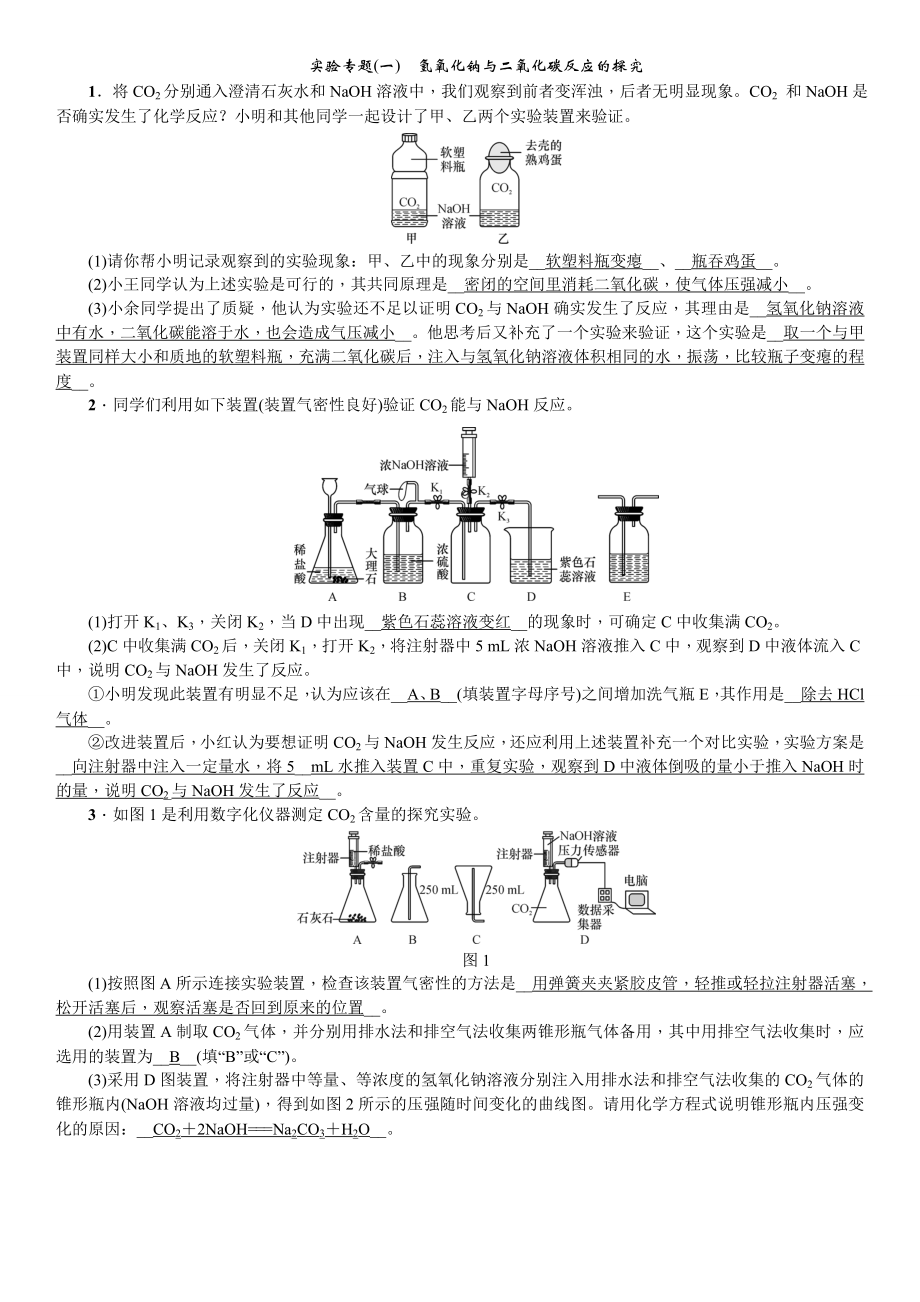 人教版化學(xué)九年級(jí)下冊(cè) 實(shí)驗(yàn)專題(一)氫氧化鈉與二氧化碳反應(yīng)的探究 學(xué)案_第1頁