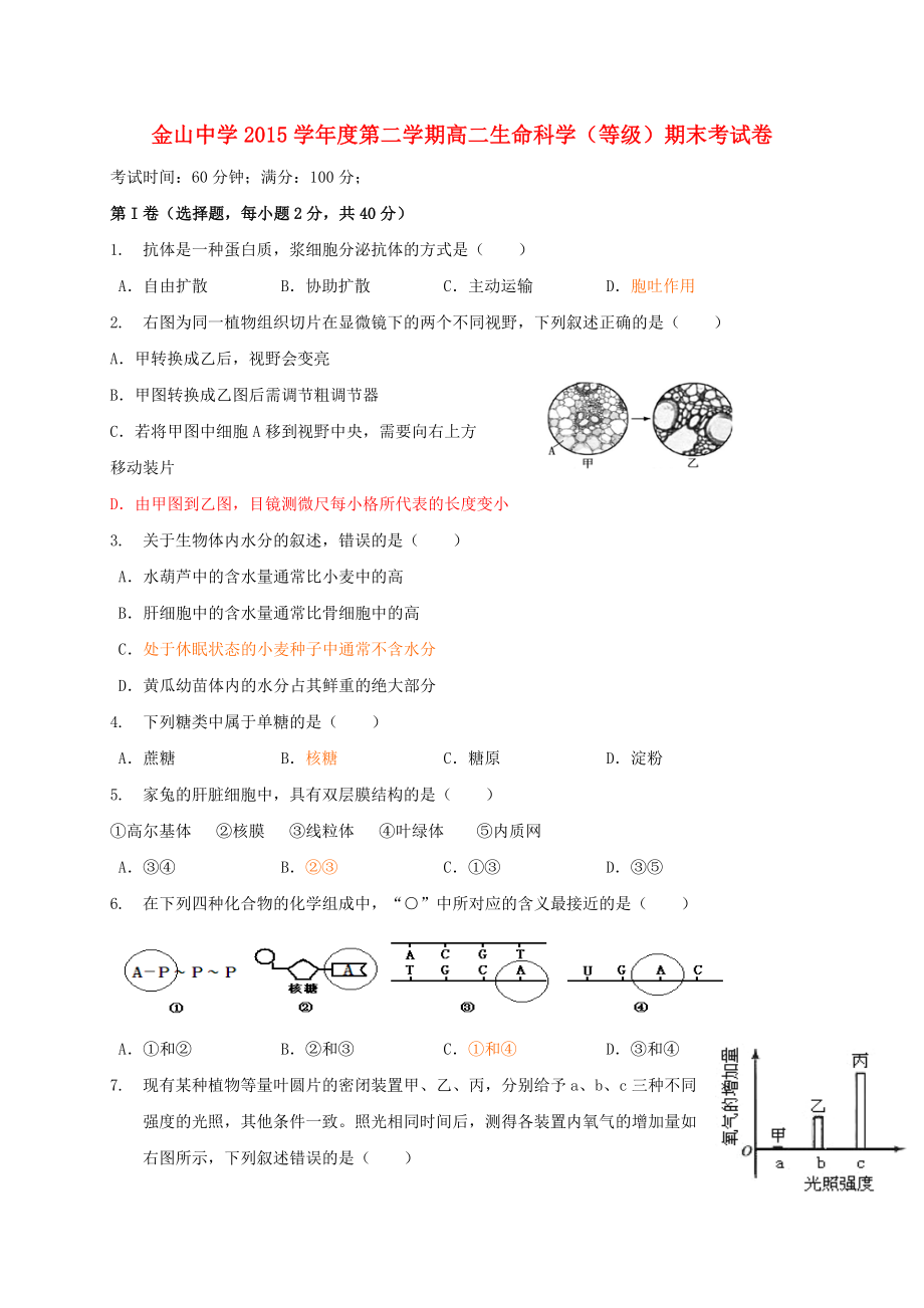 2023年高二生命科学下学期期末考试试题等级考_第1页