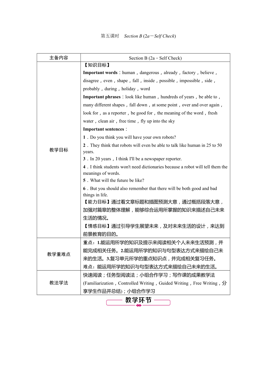 人教版八年級(jí)上Unit 7Will people have robots1？Section B (2a－Self Check)教案_第1頁(yè)