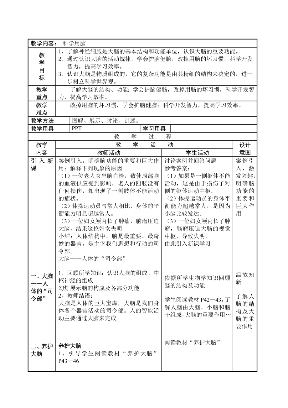 七年級主題班會 21科學用腦 教案（表格式）_第1頁