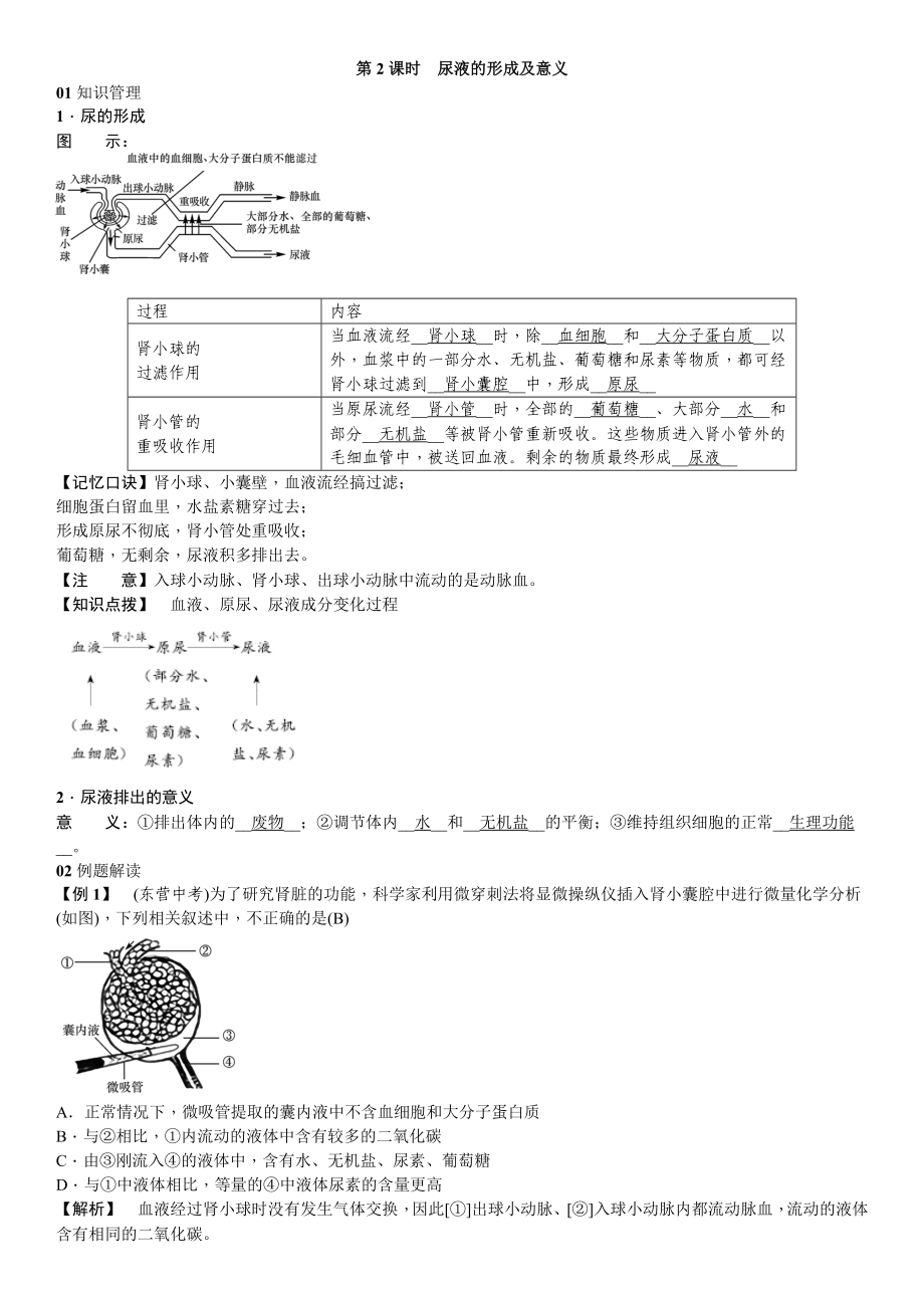 人教版生物七年級(jí)下冊(cè) 第五章　人體內(nèi)廢物的排出第五章　人體內(nèi)廢物的排出 第2課時(shí) 同步練習(xí)（word版含答案）（教師版）_第1頁(yè)