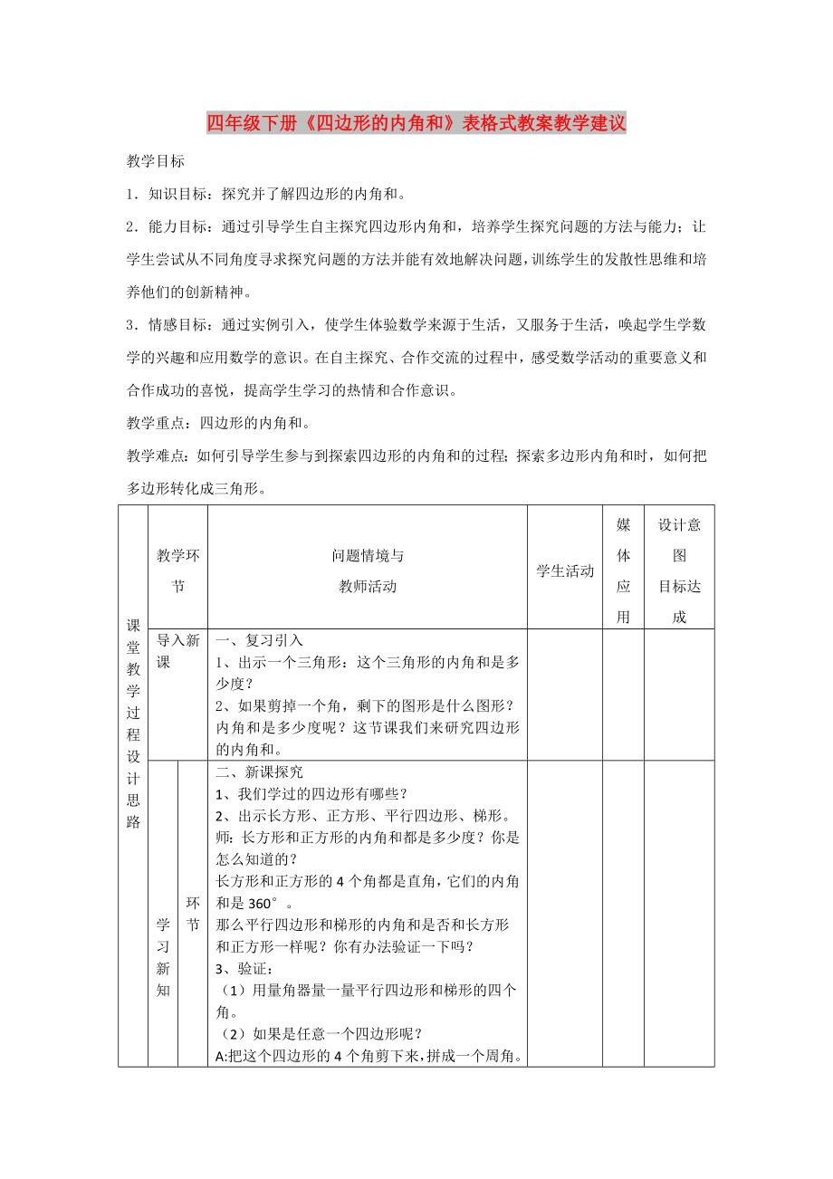 四年級(jí)下冊(cè)《四邊形的內(nèi)角和》表格式教案教學(xué)建議_第1頁(yè)