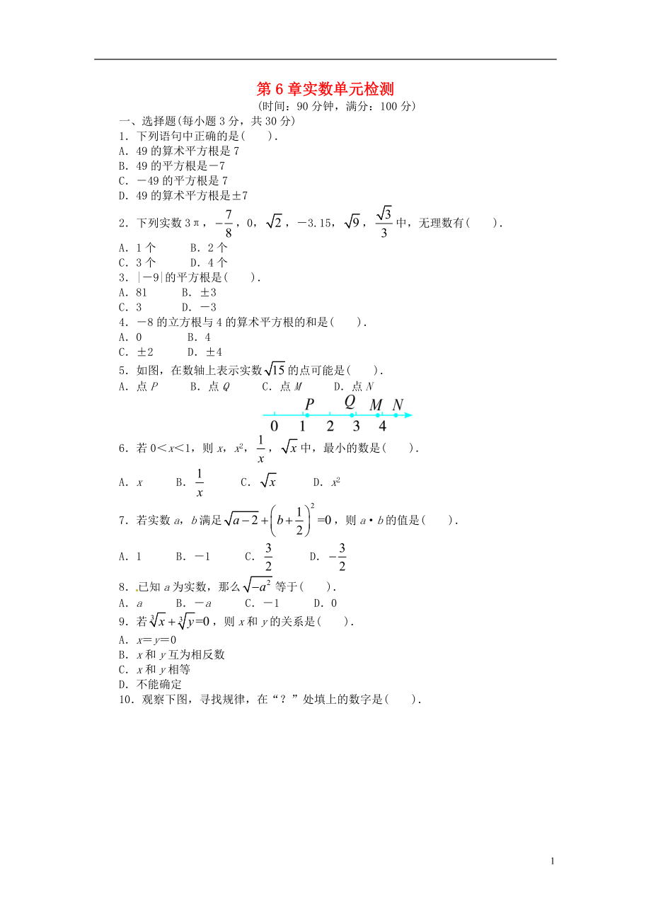 2021-2021學(xué)年七年級(jí)數(shù)學(xué)下冊(cè) 第6章 實(shí)數(shù)單元綜合測(cè)試 （新版）滬科版_第1頁