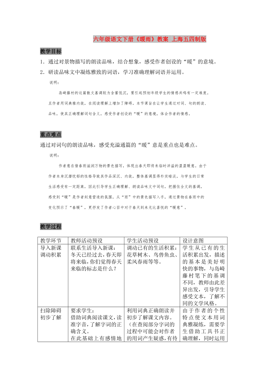 六年级语文下册《暖雨》教案 上海五四制版_第1页