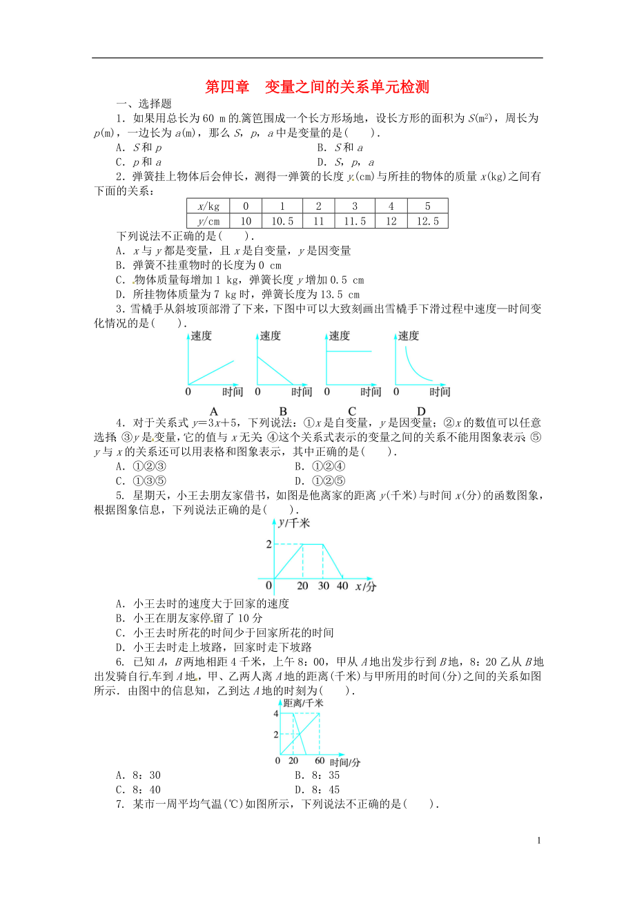 2021-2021學年七年級數(shù)學下冊 第四章 變量之間的關(guān)系單元綜合測試（含解析） （新版）北師大版_第1頁