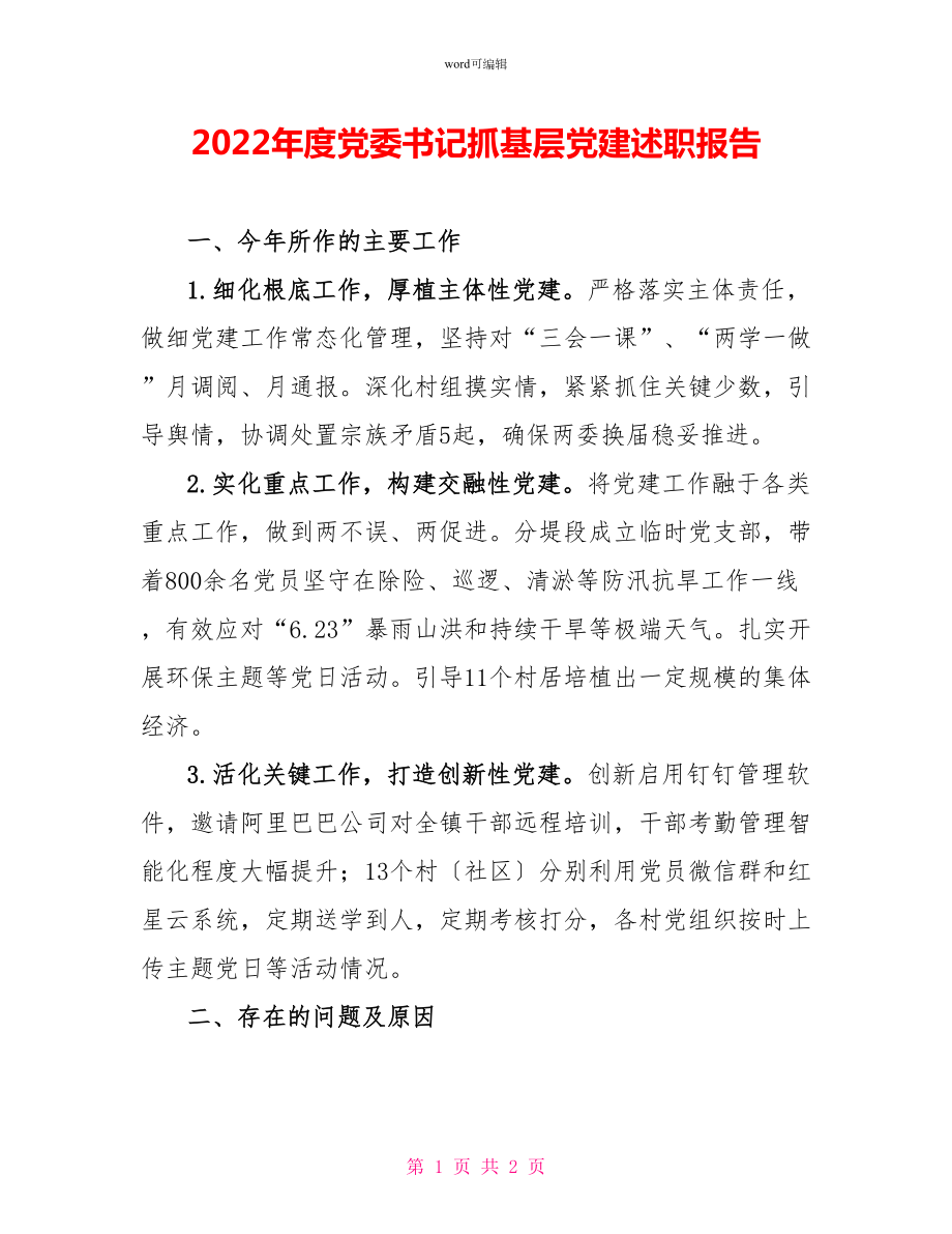 2022年度党委书记抓基层党建述职报告_第1页
