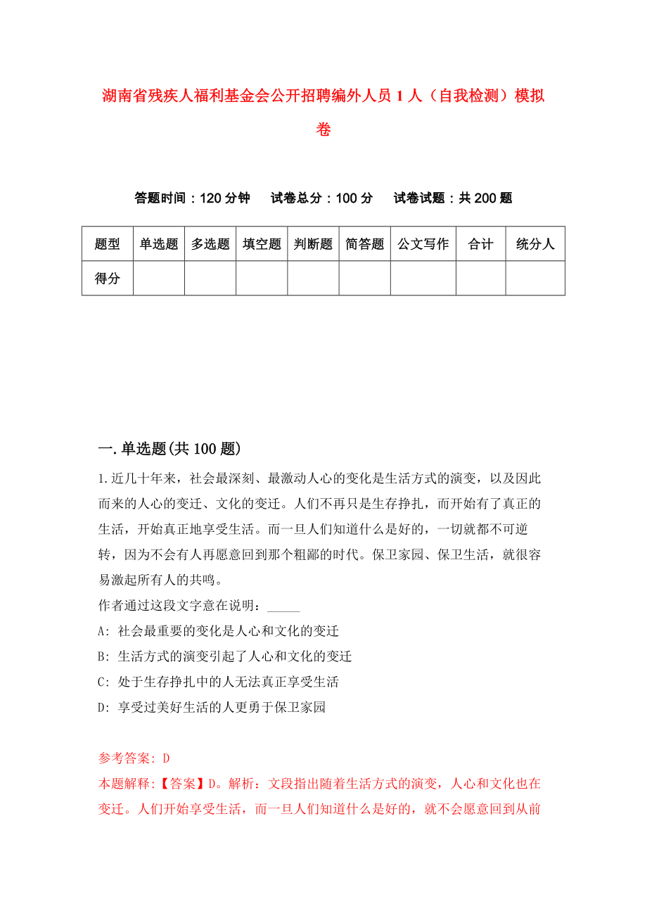 湖南省残疾人福利基金会公开招聘编外人员1人（自我检测）模拟卷（第0卷）_第1页
