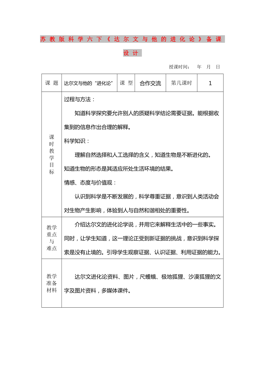 蘇教版科學(xué)六下《達(dá)爾文與他的進(jìn)化論》備課設(shè)計_第1頁