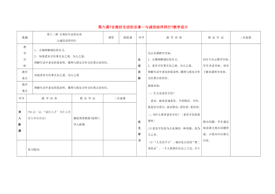 八年級(jí)思想品德上冊(cè)-第六課《合奏好生活的樂(lè)章—與誠(chéng)信結(jié)伴同行》教學(xué)設(shè)計(jì)-魯教版_第1頁(yè)