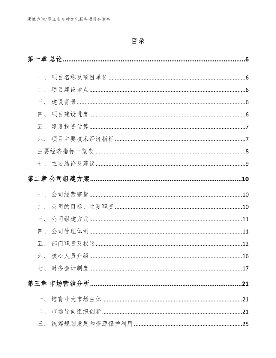 晋江市乡村文化服务项目企划书_模板范文_第1页