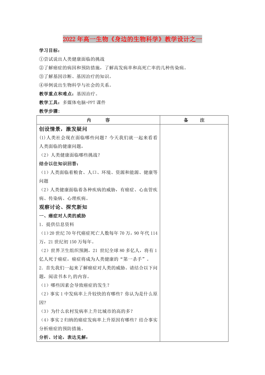 2022年高一生物《身邊的生物科學(xué)》教學(xué)設(shè)計(jì)之一_第1頁