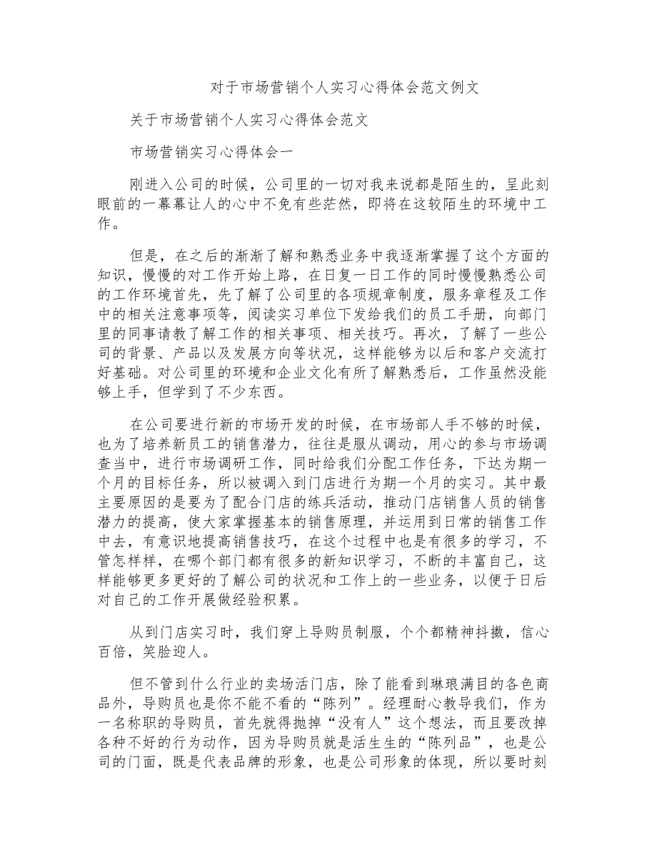 对于市场营销个人实习心得体会范文例文_第1页