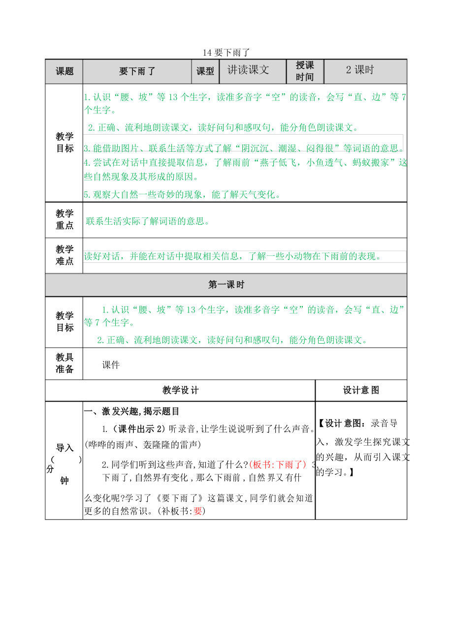 新編部編人教版一年級(jí)下冊(cè)語(yǔ)文《14要下雨了》名師教案_第1頁(yè)