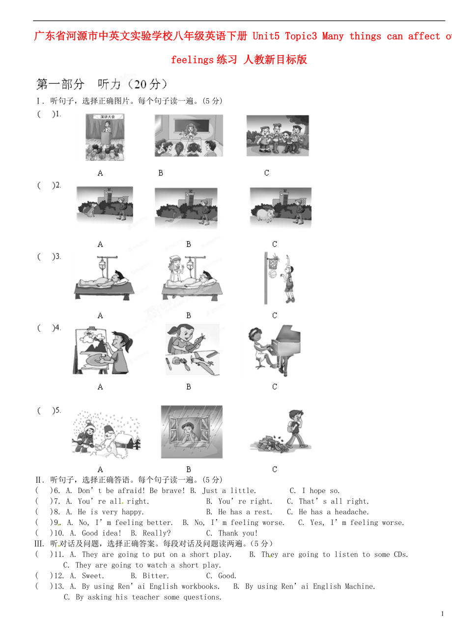 广东省河源市中英文实验学校八年级英语下册 Unit5 Topic3 Many things can affect our feelings练习 人教新目标版_第1页