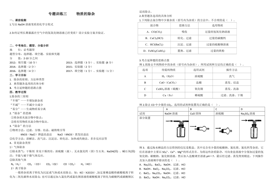 專題訓(xùn)練三 物質(zhì)的除雜_第1頁