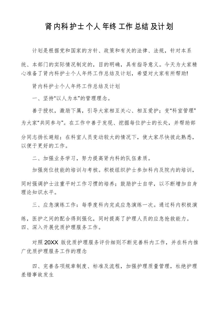 肾内科护士个人年终工作总结及计划_第1页