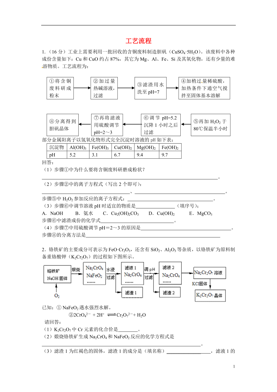 安徽省宿州市教研室2021屆高三化學(xué)二輪、三輪總復(fù)習(xí) 特色專題 工藝流程_第1頁