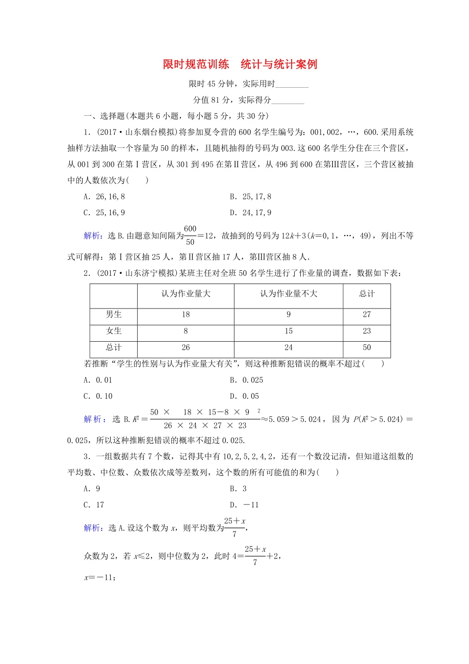 高考数学二轮复习第1部分专题七概率与统计1-7-2统计与统计案例限时规范训练文_第1页