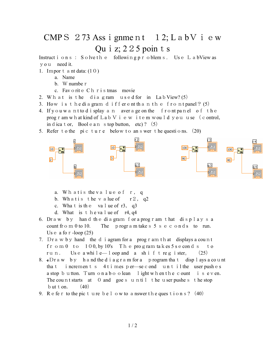 CMPS 273 Assignment 12; LabView Quiz; 225 points - Southeastern ..._第1页