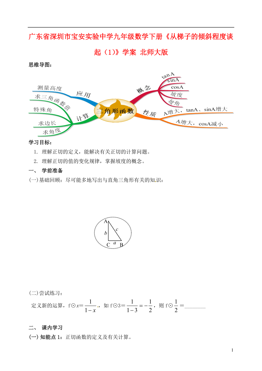 廣東省深圳市寶安實(shí)驗(yàn)中學(xué)九年級(jí)數(shù)學(xué)下冊(cè)《從梯子的傾斜程度談起》學(xué)案（1）（無答案） 北師大版_第1頁