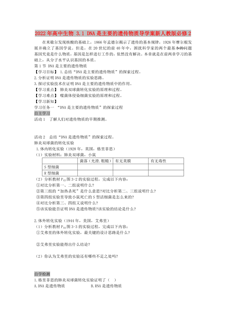 2022年高中生物 3.1 DNA是主要的遗传物质导学案新人教版必修2_第1页