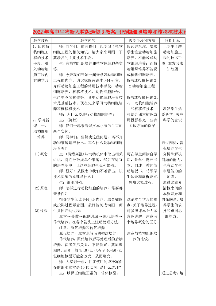 2022年高中生物新人教版選修3教案：《動物細(xì)胞培養(yǎng)和核移植技術(shù)》_第1頁