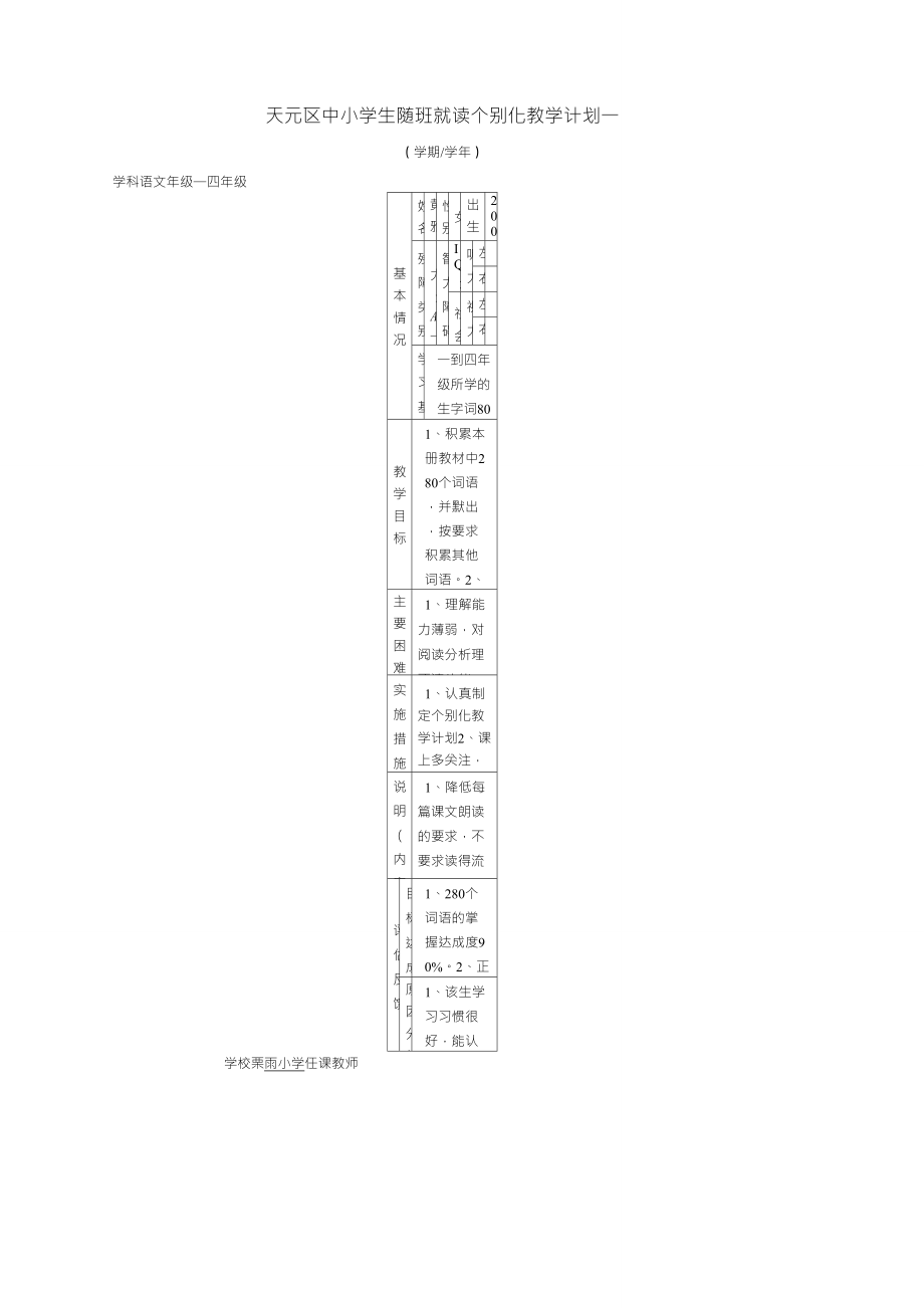 特殊学生随班就读个别化教学计划一_第1页