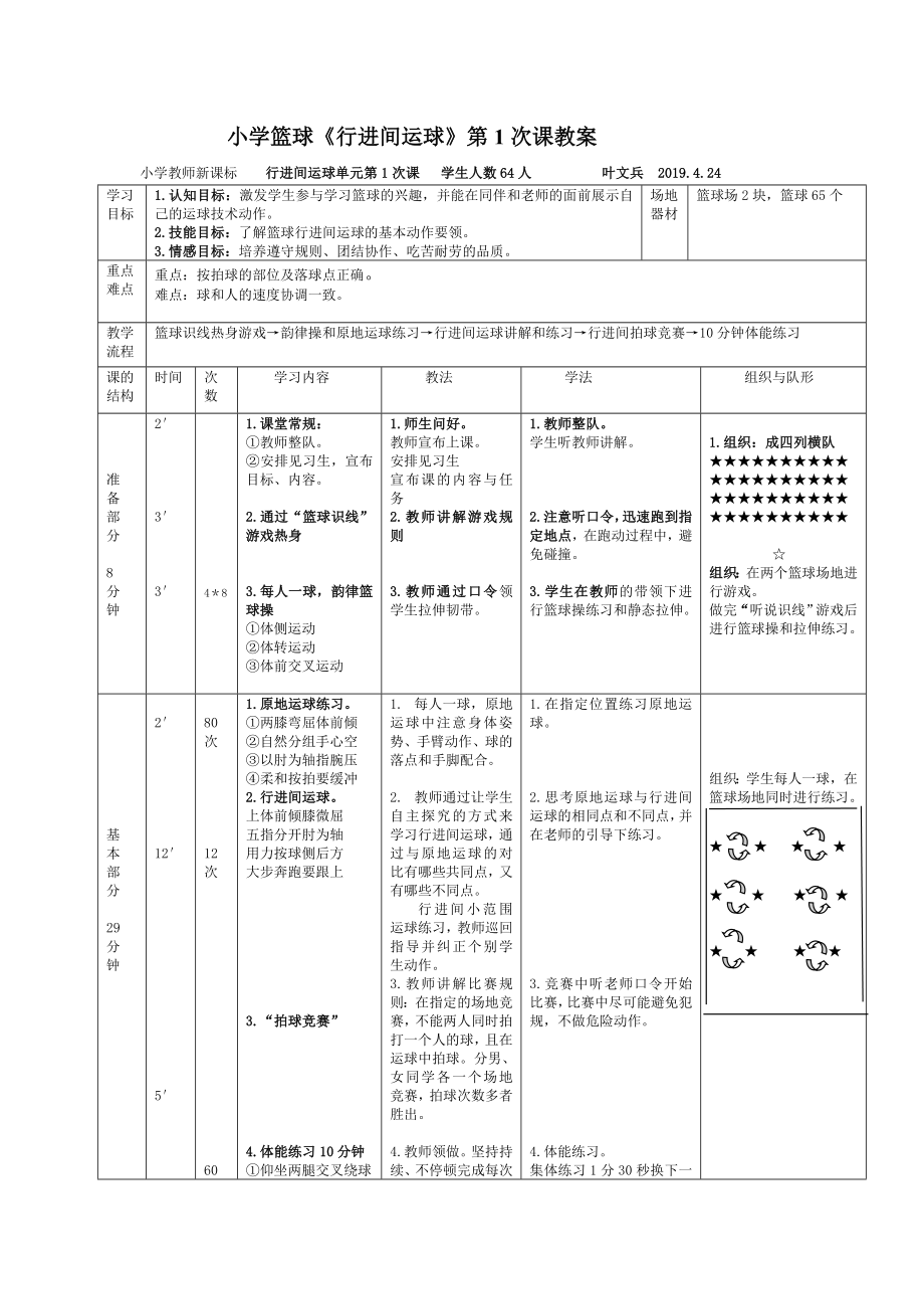 小學(xué)籃球《行進(jìn)間運(yùn)球》第1次課教案_第1頁