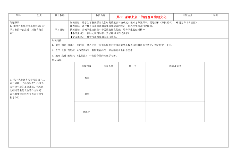 吉林省公主嶺市七年級歷史上冊 第21課 承上啟下的魏晉南北朝文化學案（無答案） 人教新課標版_第1頁