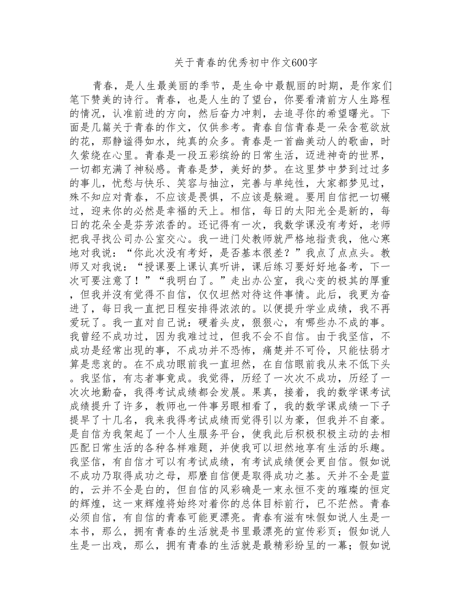 关于青春的优秀初中作文600字_第1页