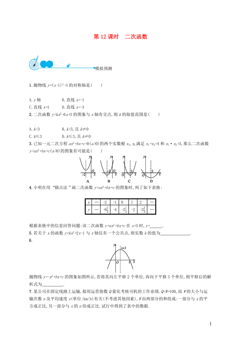 【優(yōu)化設計】（福建專版）2015中考數(shù)學總復習 第12課時 二次函數(shù)模擬預測_第1頁