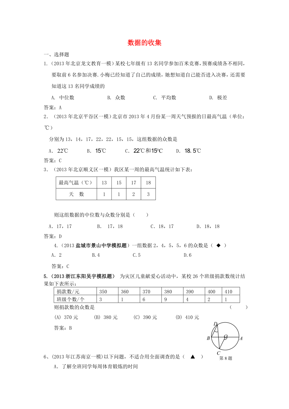 全國各地名校2013年中考數學5月試卷分類匯編 20 數據的搜集_第1頁