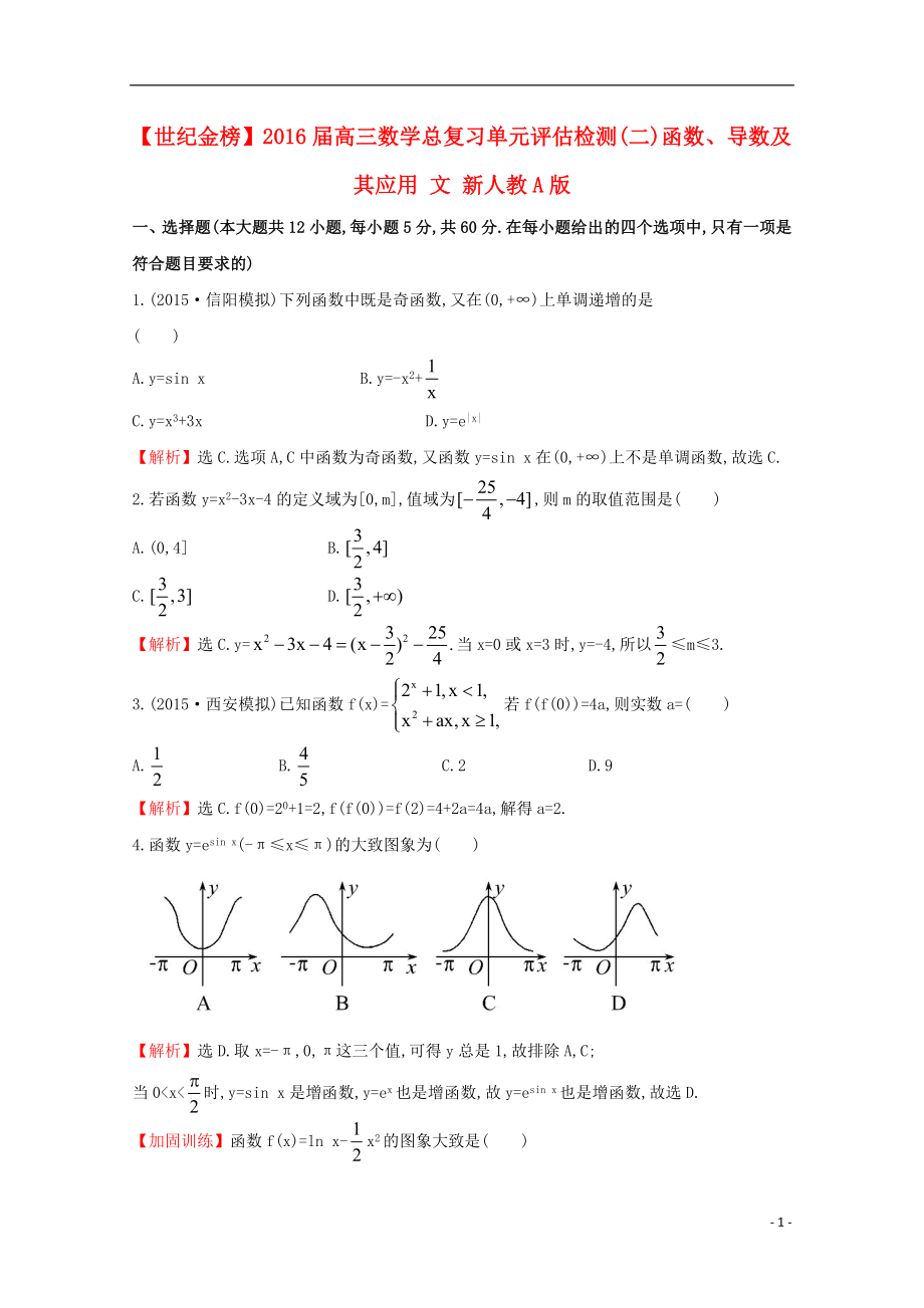 【世纪金榜】2016届高三数学总复习 单元评估检测(二)函数、导数及其应用 文 新人教A版_第1页