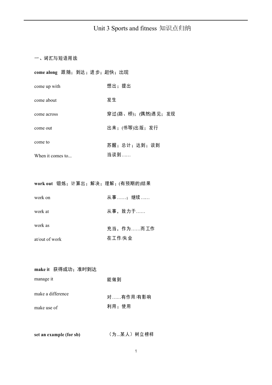 高中英語 人教版 必修第一冊(cè) Unit 3 Sports and fitness 知識(shí)點(diǎn)歸納_第1頁