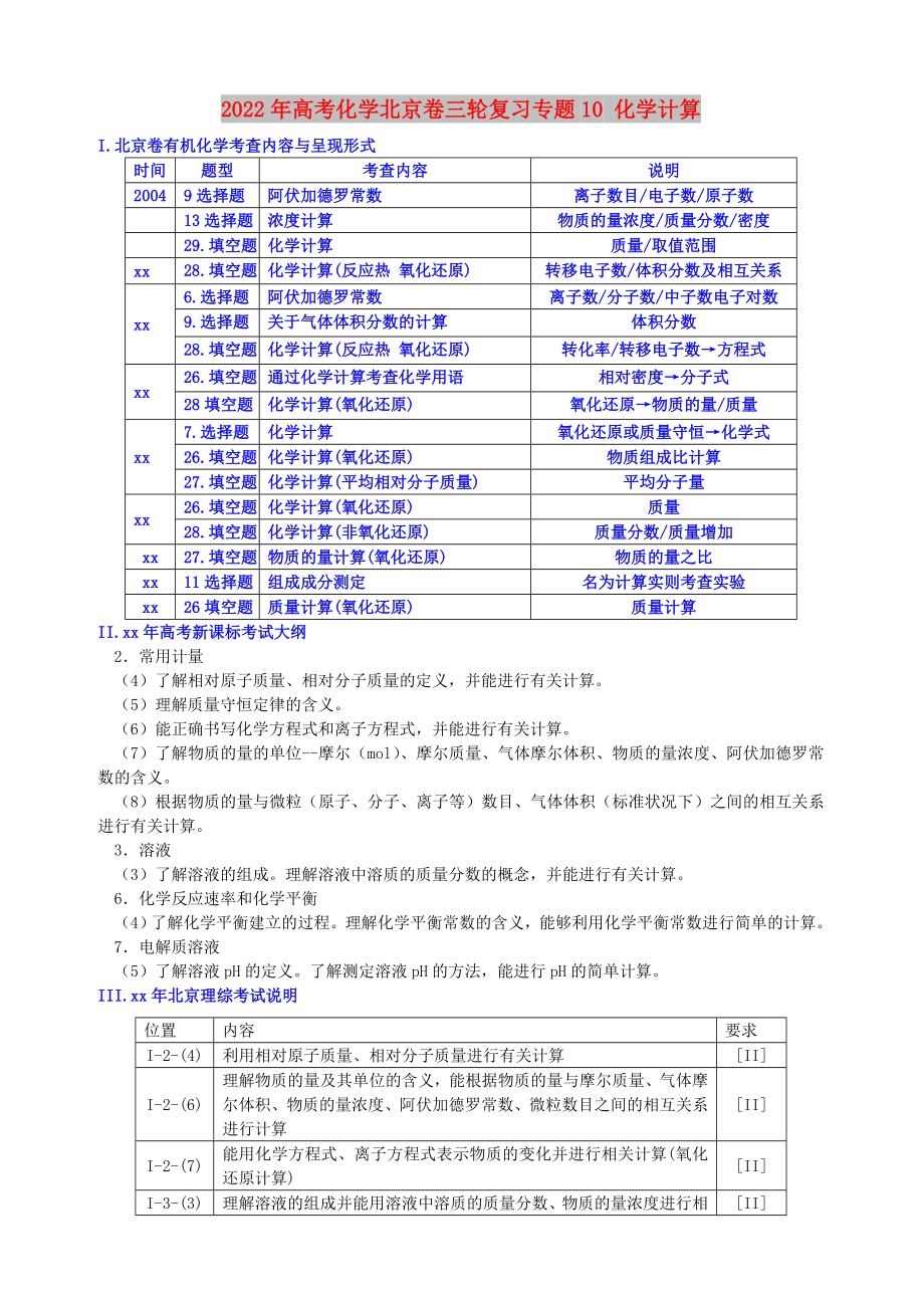 2022年高考化学北京卷三轮复习专题10 化学计算_第1页