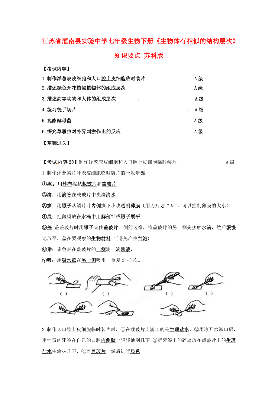 江苏省灌南县实验中学七年级生物下册《生物体有相似的结构层次》知识要点（无答案） 苏科版_第1页