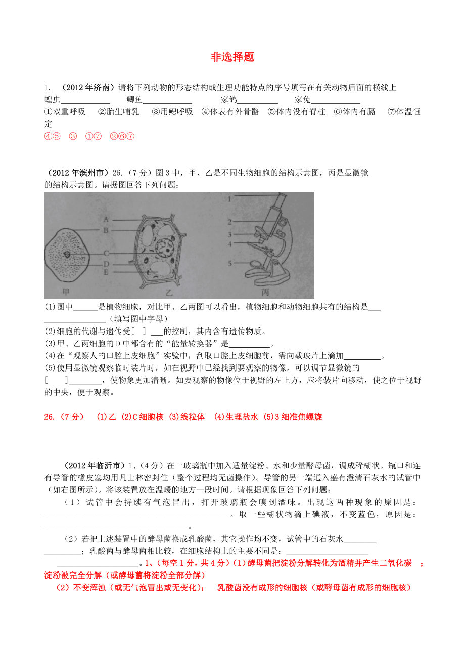 山東發(fā)達地市2012年中考生物試題分解 非選擇題 新人教版_第1頁