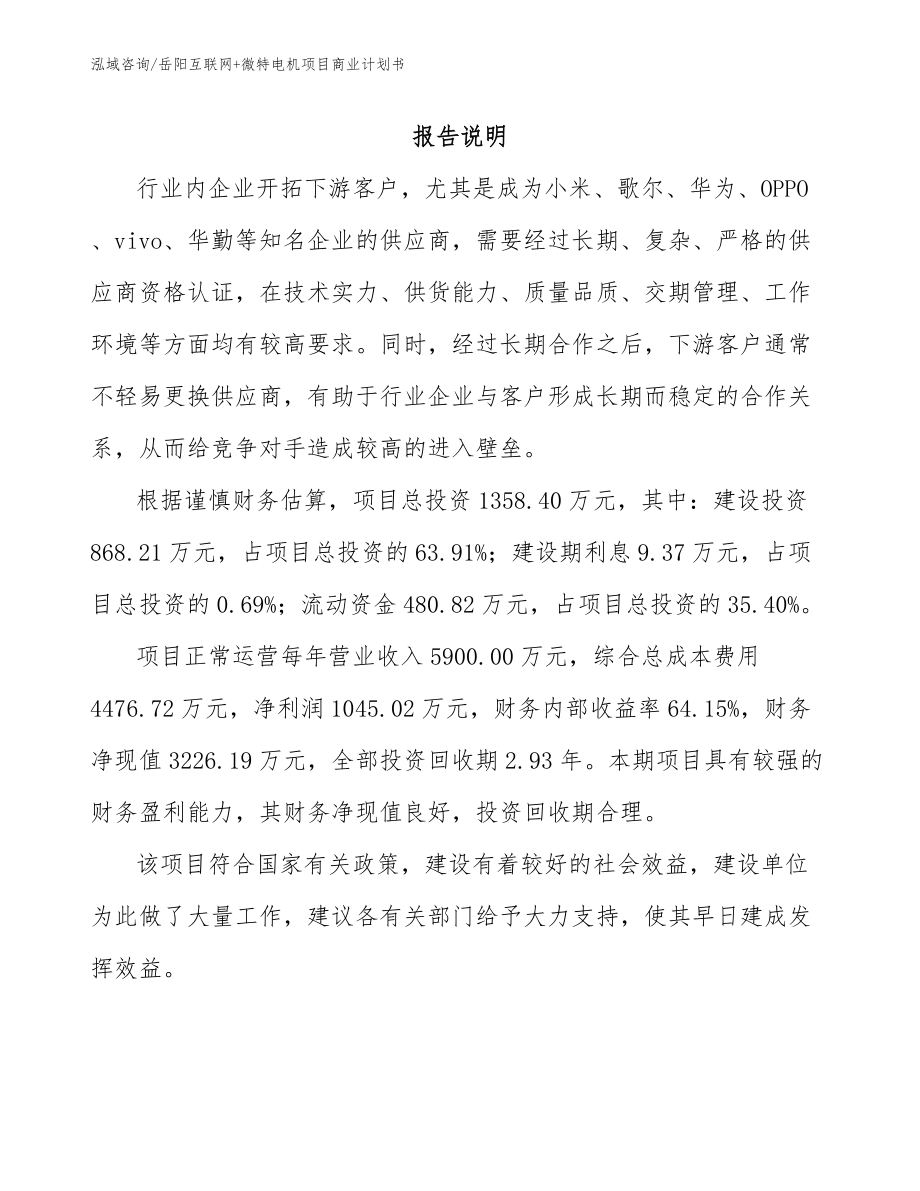 岳阳互联网+微特电机项目商业计划书（模板参考）_第1页