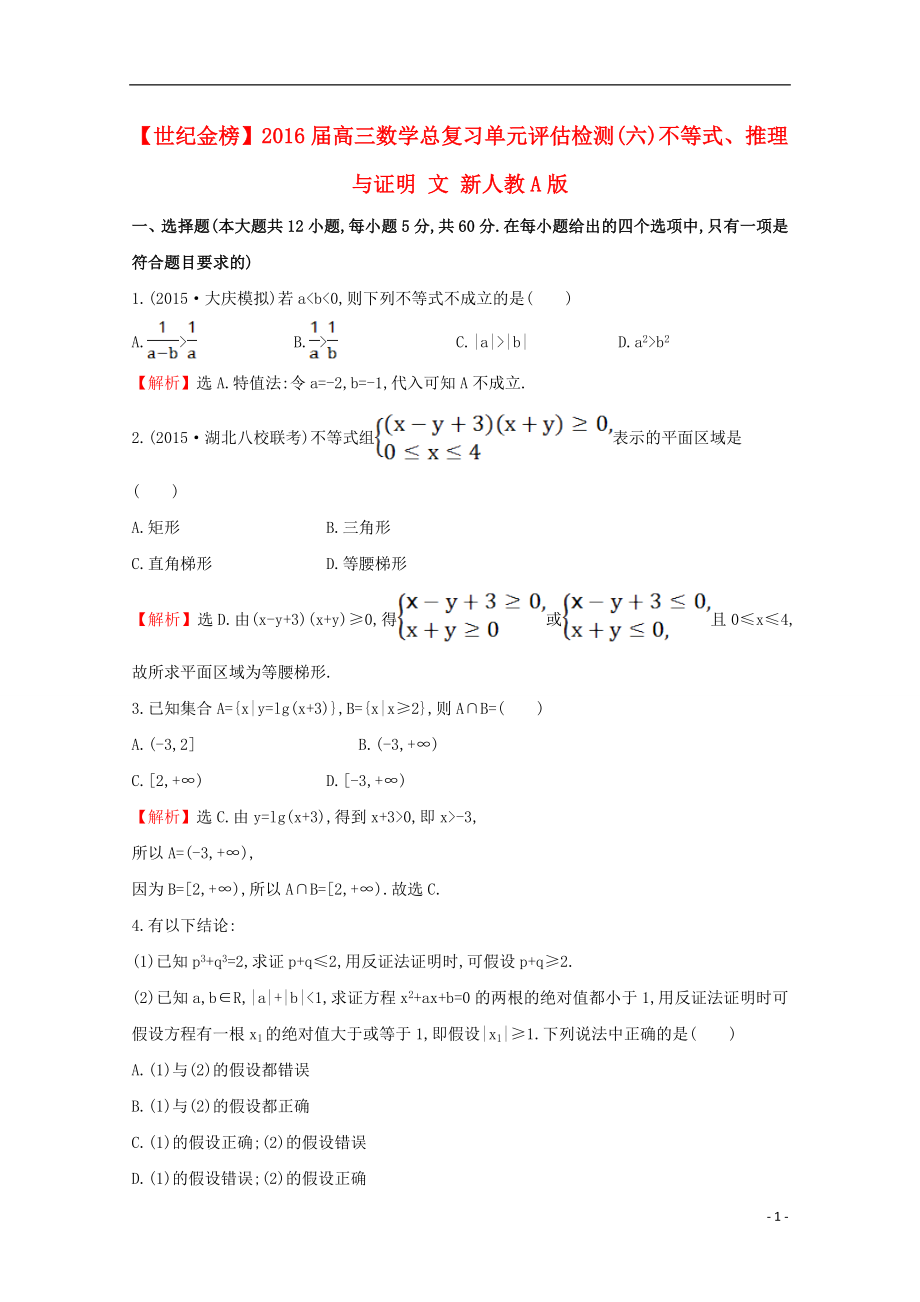 【世纪金榜】2016届高三数学总复习 单元评估检测(六)不等式、推理与证明 文 新人教A版_第1页