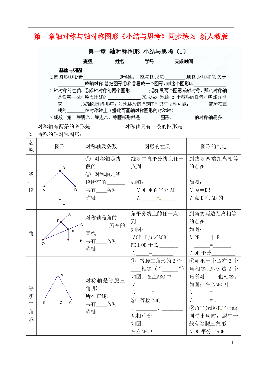 江蘇省淮安市淮陰區(qū)棉花中學九年級數(shù)學下冊 第一章 軸對稱與軸對稱圖形《小結與思考》同步練習（1）（無答案） 新人教版_第1頁