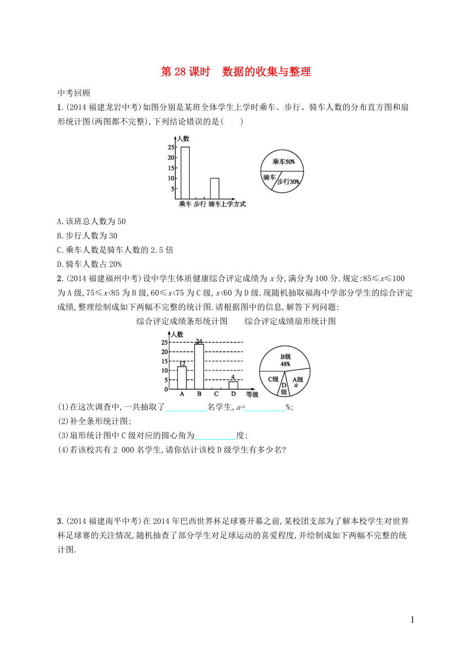 【優(yōu)化設計】（福建專版）2015中考數(shù)學總復習 第28課時 數(shù)據(jù)的收集與整理智能優(yōu)化訓練_第1頁