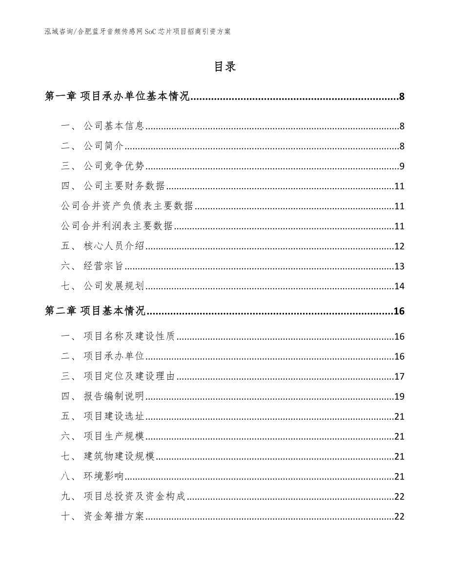 合肥蓝牙音频传感网SoC芯片项目招商引资方案_模板参考_第1页